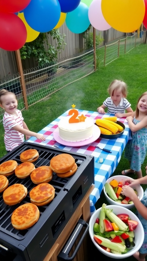 A cheerful barbecue birthday celebration with burgers, corn, salad, and a birthday cake on a picnic table surrounded by balloons.